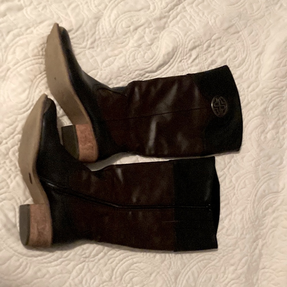 Brown and black leather short heeled boots. Size 8 used but in good condition.